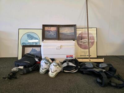 Mixed Lot: Orthopedic Braces, Igloo Marine 54 Cooler, Art Prints, Push Broom, Biomet Bag & More