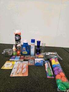 Assorted Household & Hardware Lot: Cleaning Products, Bulbs, Fasteners, Cups, Pest Repellent