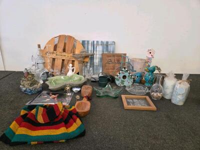 Home Decor Lot: Hand-Painted Resin Nautical Lighthouse Figurine with Cottage, Rocky Ocean Base, Coastal Home D&eacute;cor, Wall Decor, Ceramic Ashtray, Glass Bottles/ Jars, Small Chalk Board, & More