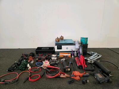 Mixed Lot: HP OfficeJet Pro 8020e All-in-One Printer, Wireless, Duplex, Scanner/Copy/Fax(Tested), Jumper Cables, Bungee Cords, Riding Gloves, Tools, and More