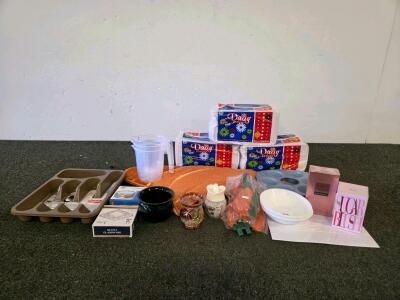 Assorted Household Lot: Paper Napkins, Perfume, Kitchenware, Rug, Glassware, Organizer, Bowls