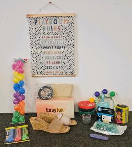 Assorted Household, Playroom, and Office Items Lot &ndash; Includes HP 564 Ink Cartridge, Easyfox Sandals size 9.5, Playroom Decor