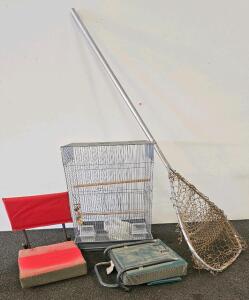 Outdoor Lot: 2 Folding Stadium Boat Seats, Large Landing Net, Bird Cage with Accessories