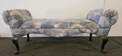 Vintage Upholstered Bench with Arms, Classical Art Print, Curved Wooden Legs