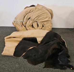 Vintage Canvas Cowboy Bedroll, 7 ft x 3.3 ft, Tan Canvas with Duck Print. Leather fur pelt.