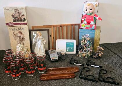 Set of Holiday Drinking Glasses with Holly Motif, 9 picture frames, Wilderness fountain, collectible porcelain figurines, Merlin hone transmitter, new CoComelon doll, and more