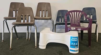 Set of 6 Virco Stack Chairs (Blue/Brown/Purple) & 2 Squatty Potty Classic 7" Toilet Stools, Plastic/Metal
