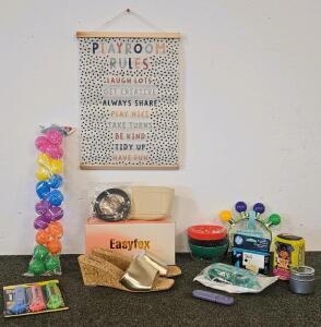 Assorted Household, Playroom, and Office Items Lot &ndash; Includes HP 564 Ink Cartridge, Easyfox Sandals size 10, Playroom Decor