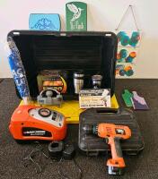 Mixed Lot: Black & Decker Tools, Central Pneumatic Spray Gun, Reese Lock, Golf Balls, Tote & Decor