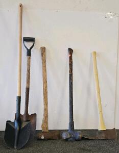 Lot of Axes, Sledgehammers, and Shovels &ndash; Steel Heads, Handles 32-60" Lengths