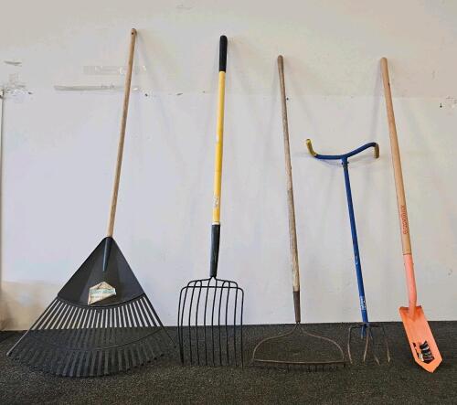 5-Piece Garden Tool Set: Razor-Back Shovel, Garden Giant Cultivator, Rake, Hay Fork, Leaf Rake