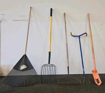 5-Piece Garden Tool Set: Razor-Back Shovel, Garden Giant Cultivator, Rake, Hay Fork, Leaf Rake
