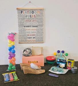 Assorted Household, Playroom, and Office Items Lot &ndash; Includes HP 564 Ink Cartridge, Easyfox Sandals size 9.5, Playroom Decor