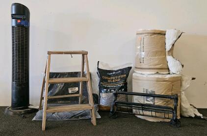 Camp Chef competition blend premium hardwood pellets, Johns Manville Thermal and Sound Insulation Roll, Standing Oscillating fan (tested, works), small step ladder, car mats and more