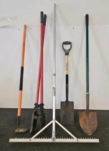 Set of 5 Landscaping Tools: Garden Hoe, Post Hole Digger, Landscape Rake, Square & Round Shovels