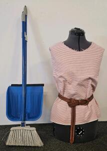 Adjustable Dress Form Mannequin with Belt & Upright Broom and Dustpan Set, Blue/Gray
