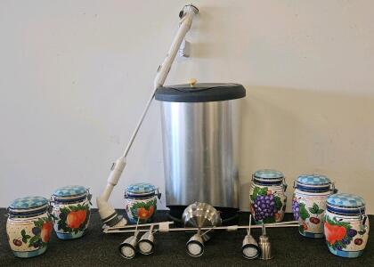 Hand-Painted Ceramic Fruit Canister Set, Stainless Trash Can, Track Light, Spin Scrubber