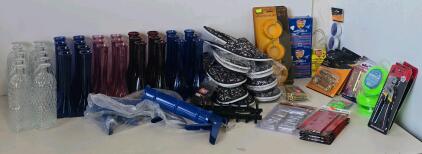 Large Mixed Lot: Glass Vases, Slip-on Shoes, Tools & Hardware, Trimmer Line, Moth Balls, Pliers