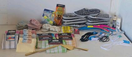 Large Lot Household Linens, Slippers, Shoe Care, Kitchen Tools, Cleaners & Accessories, 30+ Items