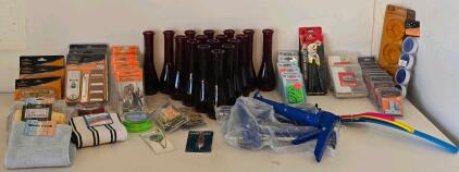 Mixed Lot: Hardware Tools, Fasteners, 17 Glass Vases, Towels, Tape, 55+ Items