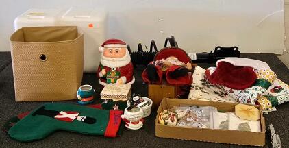 Vintage Christmas Holiday Decor Lot &ndash; Santa Cookie Jar, Stockings, Ornaments, Fabric Bin