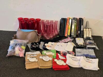 Bulk Mixed Lot: Printer Cartridges, Glass Vases, Kitchen Towels, Socks, Craft Fibers, 2 Bras