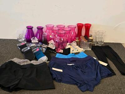 Bulk Mixed Lot &ndash; Glass Vases, Tumblers, Spice Jars, Shorts (M), No-Show Socks (Men's 10&ndash;13)