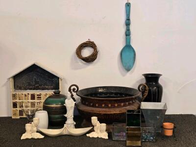 Mixed Decorative Home Decor Lot: Hammered Copper Urn, Black Vase, Advent Calendar, Centerpiece