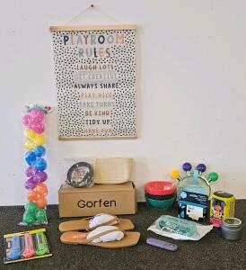Assorted Household, Playroom, and Office Items Lot &ndash; Includes HP 564 Ink Cartridge, Gorfen Sandals size 9.5, Playroom Decor