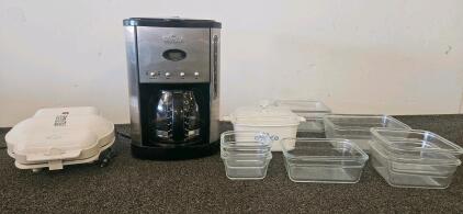 Corning Ware Blue Cornflower Set, Gevalia 12-Cup Coffee Maker, George Foreman Grill, (both tested and work) and multiple oven-safe glass dishes