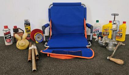 Landers, Frary & Clark Universal No. 1 Hand-Crank Meat Grinder with Clamp Base, Folding Stadium Chair, Windchime and Assorted Vehicle Maintenance Supplies