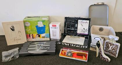 Kicker KX600.1 Amp, Kwikset SmartCode 260 Lock, Rival 4Qt Ice Cream Maker (tested, works), Calligraphy Kit, Decor Lot