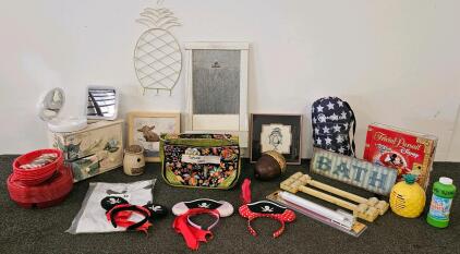 Mixed Home Decor and Utility Items Miscellaneous Lot, Concealed Carry Purse, Disney Trivial Pursuit, Mickey Mouse Ears, Mirrors, Framed Art, Tissue Box, and more