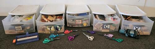 Bulk Craft Lot: 60+ Wood Rubber Stamps, 8 Fiskars Pattern Scissors, Embossing Tool & More