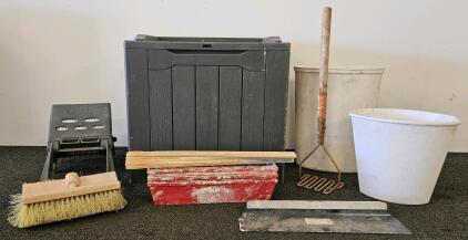 Contractor Jobsite Tool Lot - Plastic Storage Box, Mud Pans, Mixers, Quickie Bench, Buckets