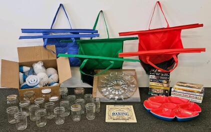 Mixed Kitchen & Household Lot: Books, Canning Jars, Totes, Trays, Brushes, Windmill