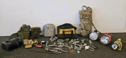 Mixed Military/Utility Gear Lot: CamelBak 3L Pack, DeWalt Bag, Ryobi 18V Charger, Canteen, Tools