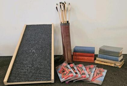 Mixed Lot: Vintage Hardcover Books (10), Pet Ramp, Wood Arrows w Quiver, 5 Foam Gliders