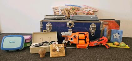 Miscellaneous Household and Toy Lot with Trunk, Nerf Blasters, Lunchboxes, and More