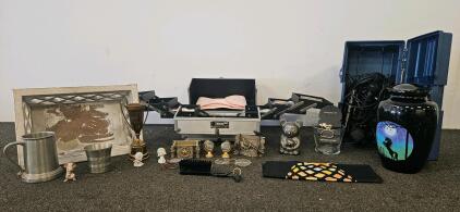 Eclectic Vintage & Modern Collectibles Lot &ndash; Trophy, Urn, Pewter Mug, Makeup, Microphones
