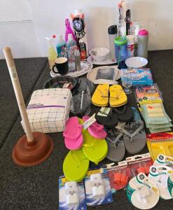 Mixed Household Lot: Room Essentials Twin Bedding, 5 Flip Flops, GE Adapters, Kitchenware, Cleaning products,