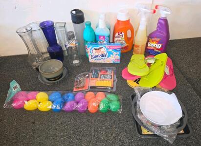 Mixed Household Lot: Cleaning Supplies, Kitchenware, Flip Flops, Hardware, Party Eggs, 26 items