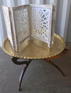 Moroccan Brass Tray Table, Etched Floral, 4-Panel Carved Wooden Fireplace Screen (cones 4)