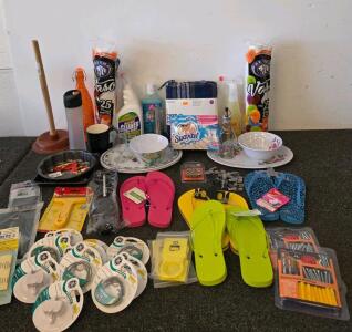 Mixed Household Items Lot: Kitchenware, Cleaning, Flip-Flops, Hardware, Tools, Sheet Set