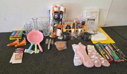 Huge Assorted Household & Kitchen Lot&mdash;Reyma Cups, Threshold Curtain, Drinkware, Utensils, Socks, More