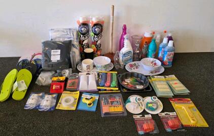 Mixed Lot Household Goods, Tools, Cleaners, Hardware, Flip-Flops, Bundt Pan, Adapters, 20+ Items
