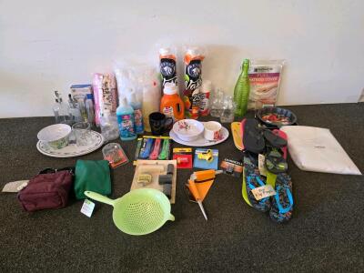 Mixed Household Lot: Cleaning Supplies, Kitchenware, Tools, Footwear, Accessories