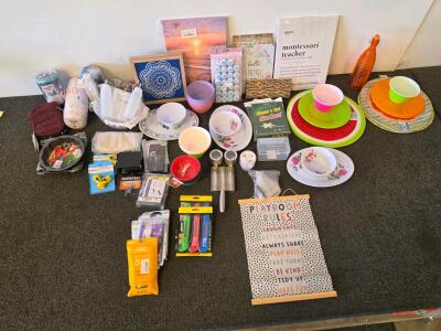 Large Mixed Household Goods Lot - Plates, Bowls, Wall Art, Tools, Decor, Duracell Batteries