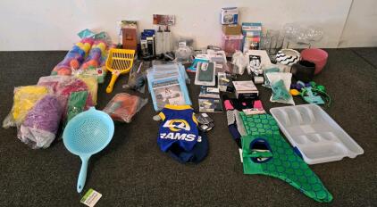 Large Mixed Household, Pet & Kitchenware Lot Items: Pet Pads, Ink, Glassware, Party Supplies