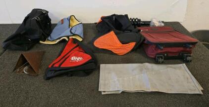 Assorted Lot: Duffel Bags, Suitcase, Sling Bag, Tool Organizer, Strut Assembly, Cowbell & Coat